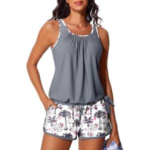 imageSummer Mae Blouson Womens Tankini Swimsuits with Shorts Tummy Control Bathing Suits Side Pockets 2026Lilac Leopard Palm