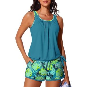 imageSummer Mae Blouson Womens Tankini Swimsuits with Shorts Tummy Control Bathing Suits Side Pockets 2026Tropical Green Leaves