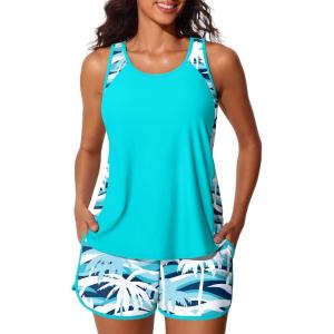 imageSummer Mae Blouson Tankini Swimsuits for Women 2026 Tummy Control Two Piece Bathing Suits with Sporty Pockets Swim ShortsCoconut Tree on the Sea