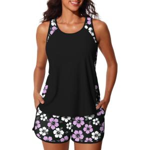 imageSummer Mae Blouson Tankini Swimsuits for Women 2026 Tummy Control Two Piece Bathing Suits with Sporty Pockets Swim ShortsPurple Hibiscus