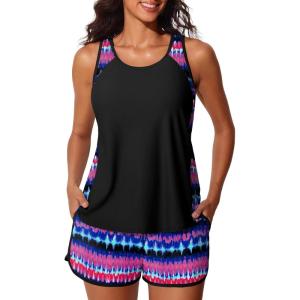 imageSummer Mae Blouson Tankini Swimsuits for Women 2026 Tummy Control Two Piece Bathing Suits with Sporty Pockets Swim ShortsRedblue Shimmer