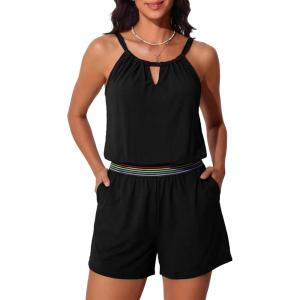 imageSummer Mae Swim Rompers for Women One Piece Swimsuit VWired Blouson Bathing Suit with Pockets High Neck Swimwear 2026Black