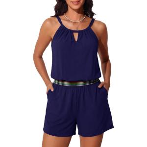 imageSummer Mae Swim Rompers for Women One Piece Swimsuit VWired Blouson Bathing Suit with Pockets High Neck Swimwear 2026Navy Blue