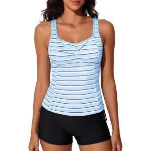 imageSummer Mae Tankini Swimsutis for Women 2026 Two Piece Tummy Control Bathing Suits Shirred Striped TwistFront Swim SuitsBlue