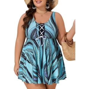 image:imageSummer Mae Plus Size Swimsuit for Women with Tie Two Piece Tummy Control Tankini Flowy Bathing Suit 2025 Swim Dress Shorts Blue Pearl 20 Plus