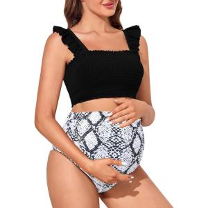 image:imageSummer Mae Maternity High Waist Bikini Swimsuit Two Piece Ruffled Hem Cute Bathing Suit Floral Pregnancy SwimwearBlack