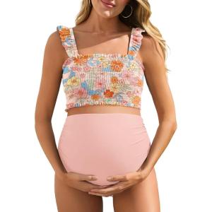 image:imageSummer Mae Maternity High Waist Bikini Swimsuit Two Piece Ruffled Hem Cute Bathing Suit Floral Pregnancy SwimwearPink Floral