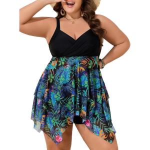 image:imageSummer Mae Plus Size Swimsuit for Women Two Piece Bathing Suit with Boyshorts Modest Swimdress Flowy Tankini Mesh Skirt Butterfly Tulip 16 Plus