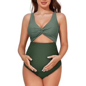 image:imageSummer Mae Maternity Cutout One Piece Swimsuit Twist Front CrissCross Bathing Suit High Waisted Pregnancy SwimwearGreen