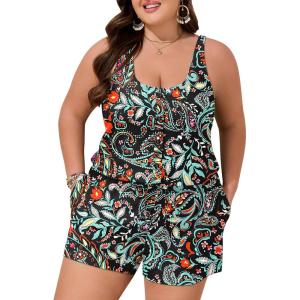 image:imageSummer Mae Plus Size Swim Romper One Piece Swimsuit Women Blouson Bathing Suit with Pockets 2026 Modest SwimwearColorful Cashew Flower