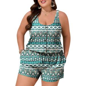 image:imageSummer Mae Plus Size Swim Romper One Piece Swimsuit Women Blouson Bathing Suit with Pockets 2026 Modest SwimwearGreen Floral Print