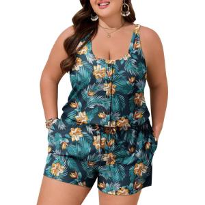 image:imageSummer Mae Plus Size Swim Romper One Piece Swimsuit Women Blouson Bathing Suit with Pockets 2026 Modest SwimwearYellow Flowers Green Leaves
