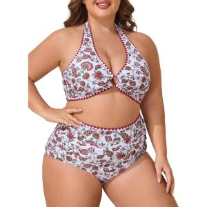 image:imageSummer Mae Plus Size Swimsuit for Women Halter Bikini Top Shell Stitched Two Piece High Waist Bathing Suit Sexy Swimwear Strawberry Flowers 20 Plus