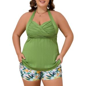 image:imageSummer Mae Ribbed Plus Size Tankini Swimsuits for Women Two Piece Bathing Suit with Pockets Shorts High Waist Swimwear Autumn Flower Clusters 18 Plus