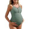 image:imageSummer Mae Maternity Swimsuit One Piece Bathing Suit Button Neck Cross BackSage Green