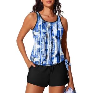 image:imageSummer Mae Blouson Womens Tankini Swimsuits with Shorts Tummy Control Bathing Suits Side Pockets 2026Abstract Ink Blue