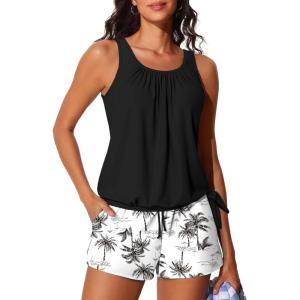 image:imageSummer Mae Blouson Womens Tankini Swimsuits with Shorts Tummy Control Bathing Suits Side Pockets 2026Black Palm Tree