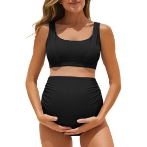 image:imageSummer Mae Maternity Bikini Swimsuit Wide Straps Ruched High Waisted Two Piece Bathing Suit Scoop Neck Pregnancy SwimwearBlack