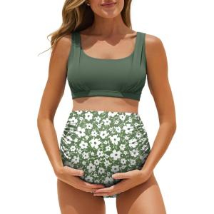 image:imageSummer Mae Maternity Bikini Swimsuit Wide Straps Ruched High Waisted Two Piece Bathing Suit Scoop Neck Pregnancy SwimwearGarden Veil Bliss