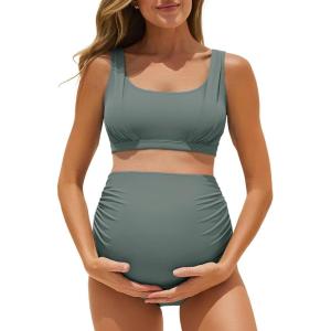 image:imageSummer Mae Maternity Bikini Swimsuit Wide Straps Ruched High Waisted Two Piece Bathing Suit Scoop Neck Pregnancy SwimwearGreen