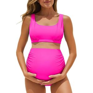 image:imageSummer Mae Maternity Bikini Swimsuit Wide Straps Ruched High Waisted Two Piece Bathing Suit Scoop Neck Pregnancy SwimwearPink
