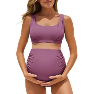 image:imageSummer Mae Maternity Bikini Swimsuit Wide Straps Ruched High Waisted Two Piece Bathing Suit Scoop Neck Pregnancy SwimwearPurple