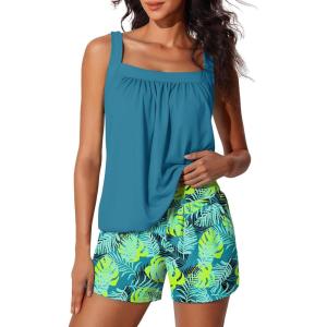image:imageSummer Mae Blouson Womens Tankini Swimsuits 2026 Modest Tummy Control Bathing Suits Swim Shorts with Pockets for BeachTropical Green Leaves