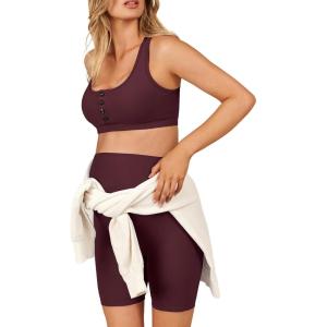 image:imageSummer Mae Maternity 2 Piece Outfit Set Activewear for Women Ribbed Workout Yoga Pregnancy Sporty High Waist Short Button Padded Crop Top Burgundy 14