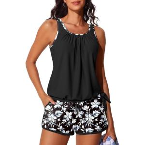 image:imageSummer Mae Blouson Womens Tankini Swimsuits with Shorts Tummy Control Bathing Suits Side Pockets 2026White Gouache Flowers