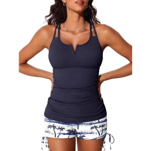 image:imageSummer Mae Tankini Swimsuits for Women 2026 Bathing Suits Top Ruched Two Piece Tummy Control VWire Modest Swim SuitsBlue Shadow on White