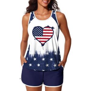 image:imageSummer Mae Blouson Tankini Swimsuits for Women 2026 Tummy Control Two Piece Bathing Suits with Sporty Pockets Swim ShortsFlag of Hearts