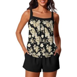image:imageSummer Mae Blouson Womens Tankini Swimsuits 2026 Modest Tummy Control Bathing Suits Swim Shorts with Pockets for BeachGold Leaves