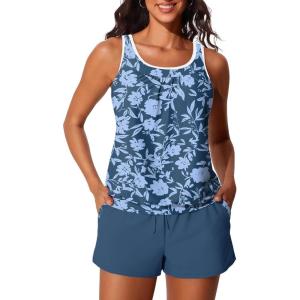 image:imageSummer Mae Blouson Womens Tankini Swimsuits Tummy Control Modest 2026 Two Piece with Sporty Pockets Bathing SuitsBranches Vines Flowers