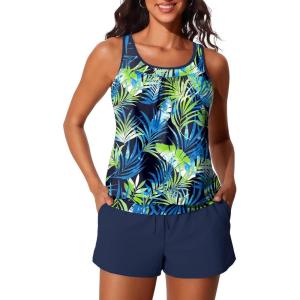 image:imageSummer Mae Blouson Womens Tankini Swimsuits Tummy Control Modest 2026 Two Piece with Sporty Pockets Bathing SuitsWatercolor Phoenix Palm