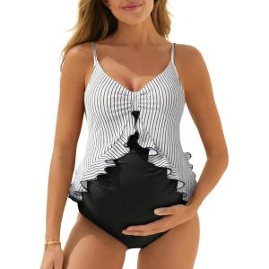 image:imageSummer Mae Maternity Swimsuit One Piece Ruffle Cutout Pregnancy Bathing Suit Lace Up SwimwearBlack Stripe