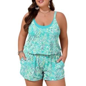 image:imageSummer Mae Plus Size Swim Romper Women One Piece Swimsuit Blouson Bathing Suit with Pockets 2026 Modest SwimwearBlue Flower Clusters