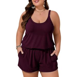 image:imageSummer Mae Plus Size Swim Romper Women One Piece Swimsuit Blouson Bathing Suit with Pockets 2026 Modest SwimwearPurplish Red