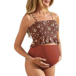 image:imageSummer Mae Maternity High Waist Swimsuit Ruffle Hem Bikini Bathing Suit Shirred Bandeau Two Piece Pregnancy SwimwearBrown Floral