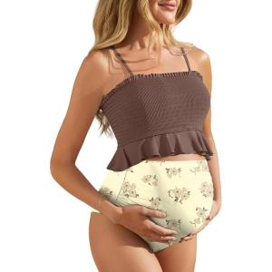 image:imageSummer Mae Maternity High Waist Swimsuit Ruffle Hem Bikini Bathing Suit Shirred Bandeau Two Piece Pregnancy SwimwearBrown Rose