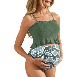 image:imageSummer Mae Maternity High Waist Swimsuit Ruffle Hem Bikini Bathing Suit Shirred Bandeau Two Piece Pregnancy SwimwearGreen Floral