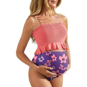 image:imageSummer Mae Maternity High Waist Swimsuit Ruffle Hem Bikini Bathing Suit Shirred Bandeau Two Piece Pregnancy SwimwearPurplish Pink