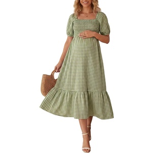 image:imageSummer Mae Smocked Maternity Dress for Baby Shower Photoshoot Puff Sleeve Women Pregnancy Midi Dresses Casual Summer ClothesGreen Gingham