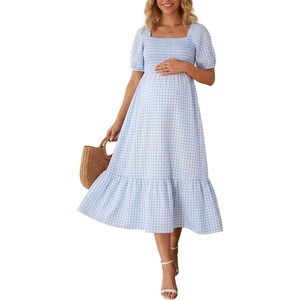 image:imageSummer Mae Smocked Maternity Dress for Baby Shower Photoshoot Puff Sleeve Women Pregnancy Midi Dresses Casual Summer ClothesLight Blue Gingham