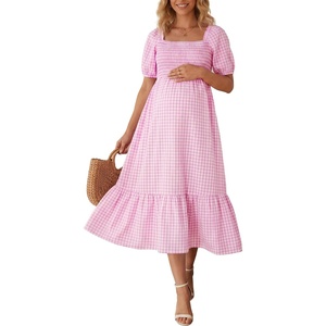 image:imageSummer Mae Smocked Maternity Dress for Baby Shower Photoshoot Puff Sleeve Women Pregnancy Midi Dresses Casual Summer ClothesPink Gingham