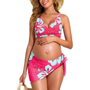 image:imageSummer Mae Maternity 3 Piece Swimsuits Low Rise Bikini Set Criss Cross V Neck Bathing Suit Self Tie Sarong Pregnancy SwimwearBlue Pink