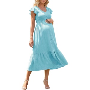 image:imageSummer Mae Smocked Maternity Dress for Baby Shower Photoshoot Ruffle Sleeve Midi Pregnancy Dresses Summer Flowy OutfitsBaby Blue