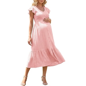 image:imageSummer Mae Smocked Maternity Dress for Baby Shower Photoshoot Ruffle Sleeve Midi Pregnancy Dresses Summer Flowy OutfitsLight Pink
