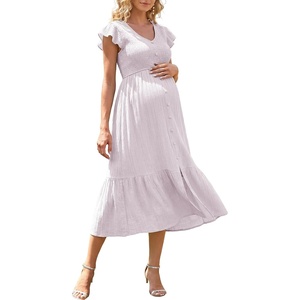 image:imageSummer Mae Smocked Maternity Dress for Baby Shower Photoshoot Ruffle Sleeve Midi Pregnancy Dresses Summer Flowy OutfitsViolet