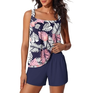 image:imageSummer Mae Blouson Womens Tankini Swimsuits 2026 Modest Tummy Control Bathing Suits Swim Shorts with Pockets for BeachPink Leaves
