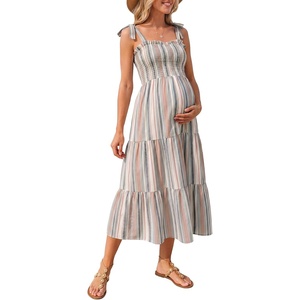 image:imageSummer Mae Smocked Maternity Dress with Pockets Baby Shower Summer Outfit  Women pregnancy adjustable tie clothes flowy midi dress for beach wedding guest photoshoot and daily wearOlive Striped